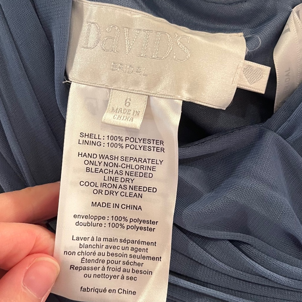 David's Bridal - Crisscross Off-the-Shoulder Mesh Dress - Steel Blue, Size 6 - Picture 6 of 10